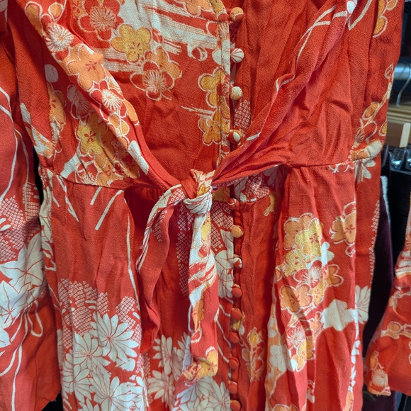 Free People Coral and Cream Floral Wrap Dress - Picture 6 of 9